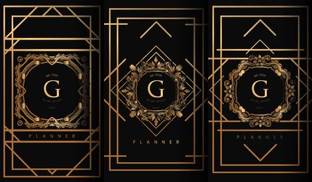 Set of packaging templates with design element ornament, label, logo. made with golden luxury flower on ornament backgroundのイラスト素材