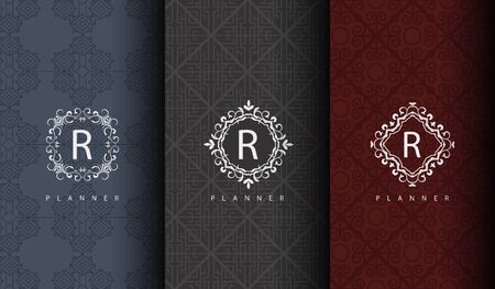 Set of packaging templates with design element ornament, label, logo. made with golden luxury flower on ornament backgroundのイラスト素材