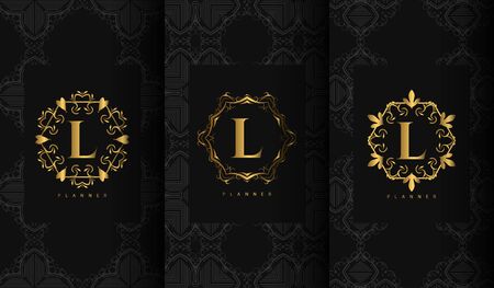 Set of Packaging Templates with Design Element Ornament, Label . Made with Golden Luxury Flower on Ornament Background.のイラスト素材