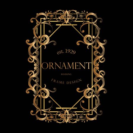 Golden Frame Luxury. Rectangular Decorative Frame with Golden Luxury Ornament. Vector Ornament Plant Vignette for Labels, Banner, Sticker and Sticker.のイラスト素材