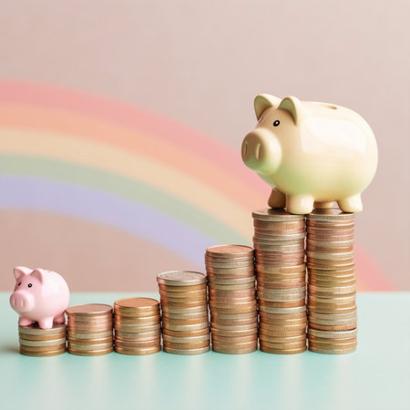 Piggy bank and coin stacks on a blue background with rainbow. with Generative AI Technologyの素材