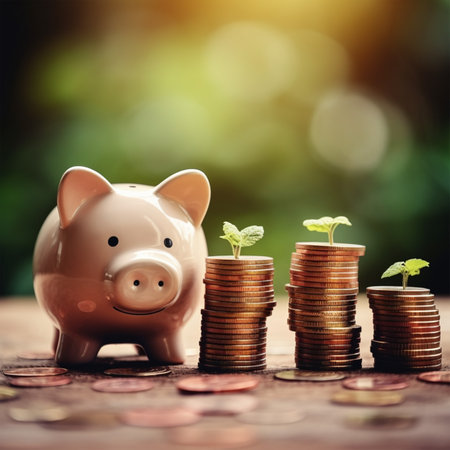Piggy bank and coins with green bokeh background. with Generative AI Technologyの素材