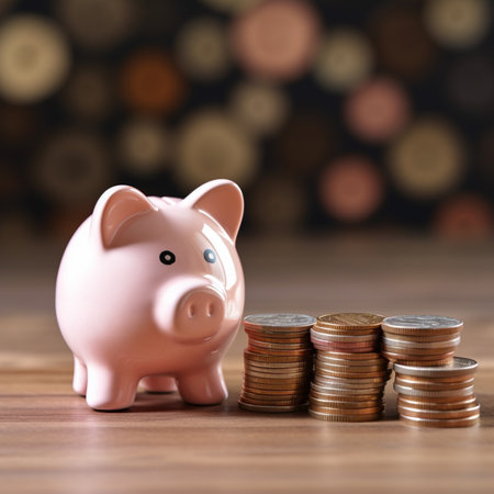 Piggy bank and coins on wooden table with blurred bokeh background with Generative AI Technologyの素材