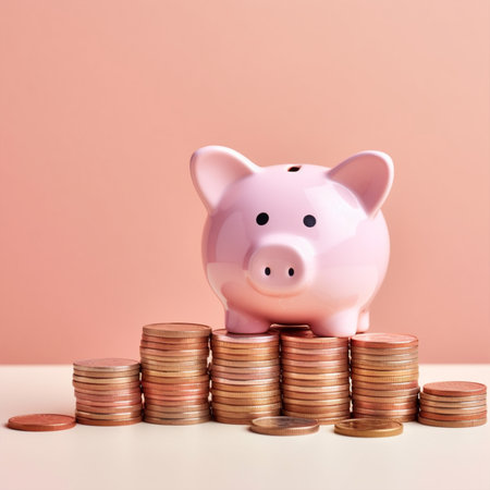 Piggy bank and coins on a pink background with copy space with Generative AI Technologyの素材