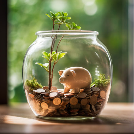 Piggy bank with coins in a glass jar on wooden table with Generative AI Technologyの素材