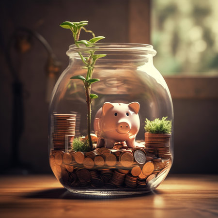 Piggy bank with coins in a glass jar on a wooden table with Generative AI Technologyの素材