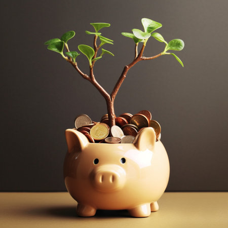 Piggy bank with coins and plant on table against grey background with Generative AI Technologyの素材