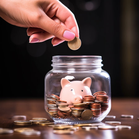 Woman putting coin into piggy bank. Saving money for future. with Generative AI Technologyの素材