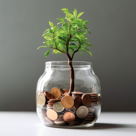 Money tree growing from coins in a glass jar on a gray background with Generative AI Technologyの素材