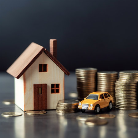Miniature house with coins and car on dark background. Real estate concept with Generative AI Technologyの素材