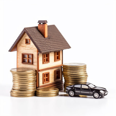 House and car on coins isolated on white background. Real estate concept with Generative AI Technologyの素材