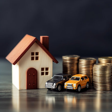 House model, car and coins on table. Real estate concept. with Generative AI Technologyの素材
