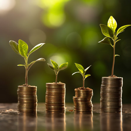 Plant growing on coins with bokeh background, business growth concept with Generative AI Technologyの素材