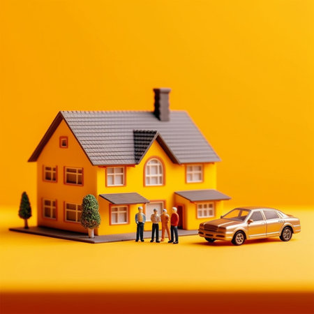 miniature people standing near house and car on a yellow background. with Generative AI Technologyの素材