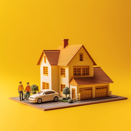 Miniature people : Couple standing near house and car on yellow background with Generative AI Technologyの素材