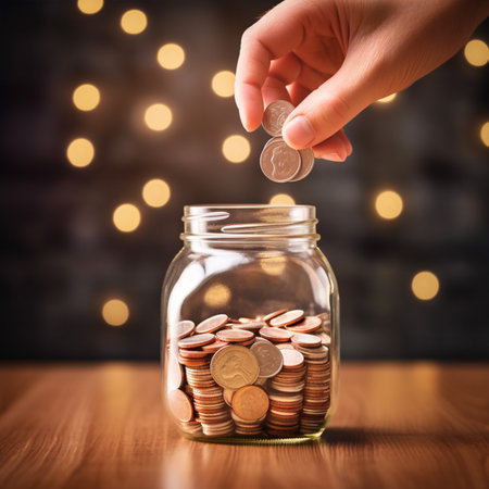 Hand putting coins into a glass jar with bokeh background. with Generative AI Technologyの素材