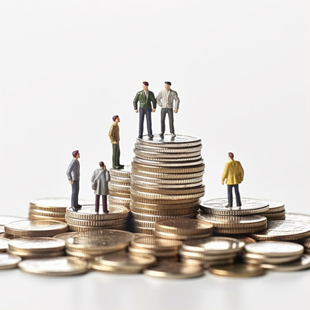 Miniature people: Businessman standing on stack of coins. Money and finance concept. with Generative AI Technologyの素材