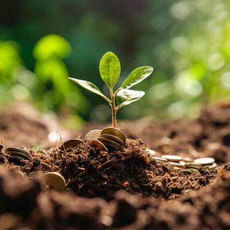Plant growing from pile of coins, business and finance concept. with Generative AI Technologyの素材