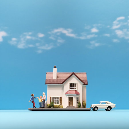 Real estate concept with house and family on blue sky background. 3d rendering with Generative AI Technologyの素材