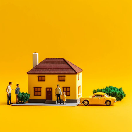 Miniature people: Couple standing near house and car on yellow background with Generative AI Technologyの素材