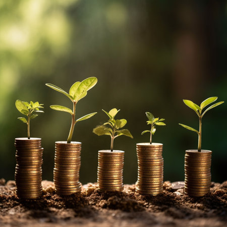 Plant growing on stack of coins for finance and banking concept. with Generative AI Technologyの素材