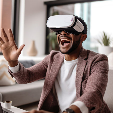 Cheerful african american man wearing virtual reality glasses at home with Generative AI Technology.の素材