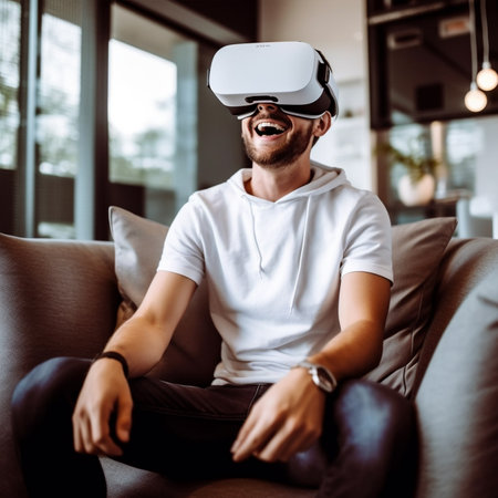 Positive delighted man sitting on the sofa and using virtual reality headset with Generative AI Technology.の素材