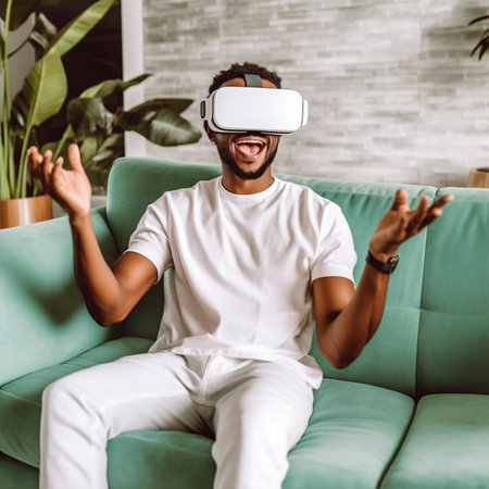 smiling african american man in virtual reality headset sitting on sofa at home with Generative AI Technology.の素材
