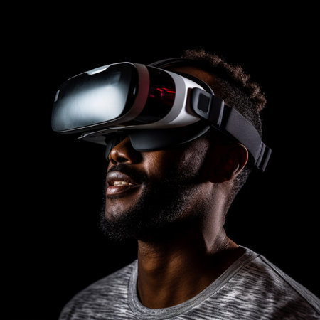 Portrait of a young african american man using virtual reality headset against black background with Generative AI Technology.の素材