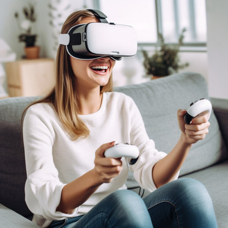 selective focus of happy young woman playing video game with virtual reality headset at home with Generative AI Technology.の素材