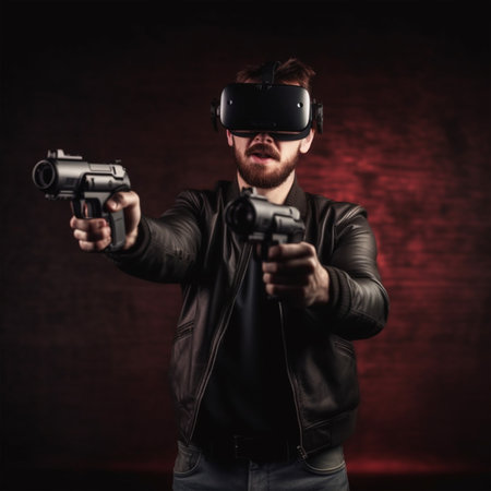 Young man with virtual reality headset and gun over dark red background with Generative AI Technology.の素材