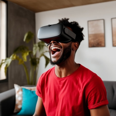 Portrait of a happy african american man using virtual reality headset at home with Generative AI Technology.の素材