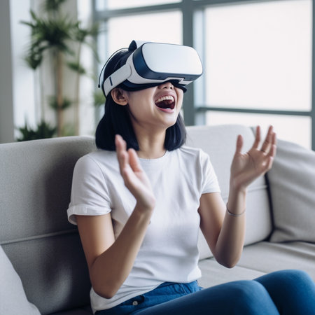happy young woman in vr headset gesturing while sitting on sofa at home with Generative AI Technology.の素材