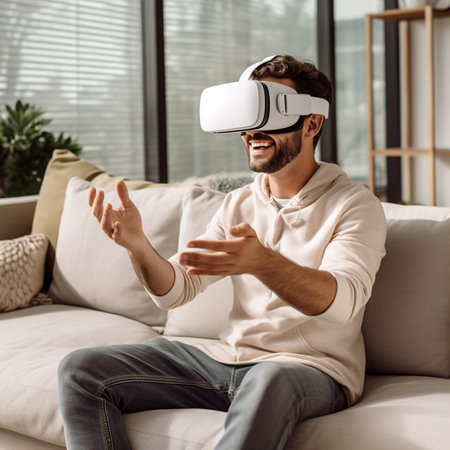 smiling young man in vr headset gesturing while sitting on sofa at home with Generative AI Technology.の素材