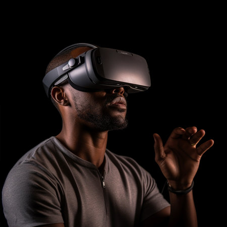 Young african american man wearing virtual reality goggles on black background 
 with Generative AI Technology.の素材