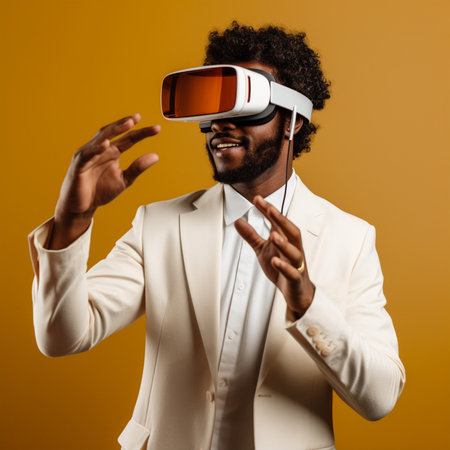 Handsome african american man in formal wear using virtual reality headset while standing against yellow background with Generative AI Technology.の素材