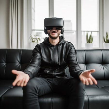 Young man wearing virtual reality goggles while sitting on sofa at home with Generative AI Technology.の素材