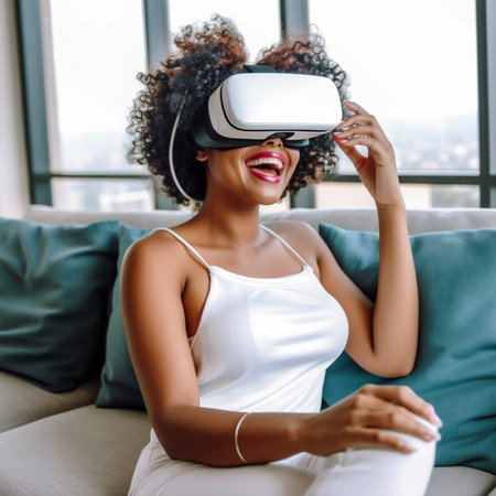 Cheerful african american woman wearing virtual reality goggles at home with Generative AI Technology.の素材