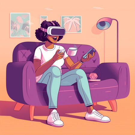 Young african american girl in vr headset sitting on couch and playing video games. Vector illustration with Generative AI Technology.の素材