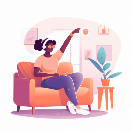 Young african american woman using virtual reality glasses at home, flat vector illustration with Generative AI Technology.の素材