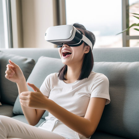 Happy young asian woman using virtual reality headset on sofa at home with Generative AI Technology.の素材