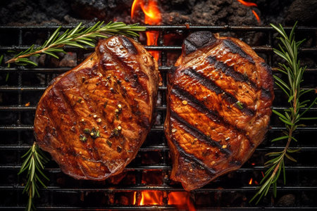 Grilled beef steaks with rosemary and flames on barbecue grill with Generative AI.の素材