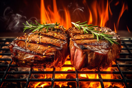 Grilled beef steak with rosemary on a barbecue grill with flames with Generative AI.の素材
