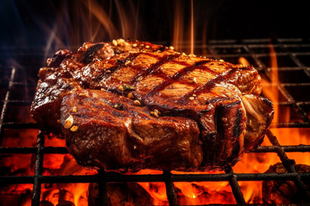 Grilled beef steak on a barbecue grill with flames and smoke with Generative AI.の素材