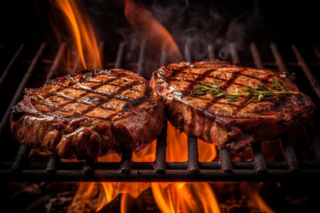 Grilled beef steaks on a barbecue grill with flames. Toned with Generative AI.の素材