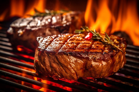 Grilled beef steaks on the grill with flames and rosemary with Generative AI.の素材