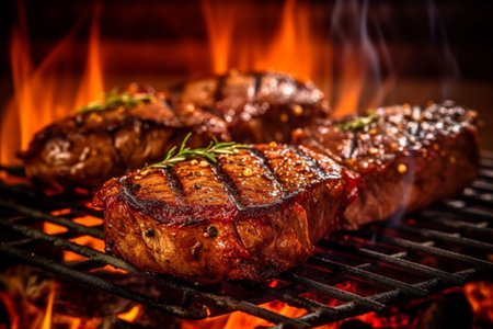 Beef steaks on the grill with flames. Toned with Generative AI.の素材