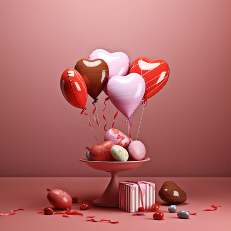 Valentines Day background with heart shaped balloons and gift boxes. 3d render with Generative AI.の素材