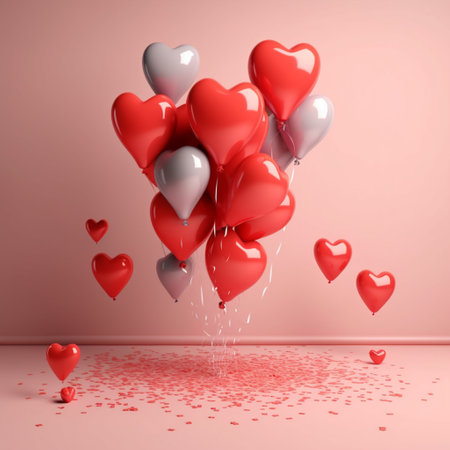 Valentine's day background with heart-shaped balloons. 3D rendering with Generative AI.の素材