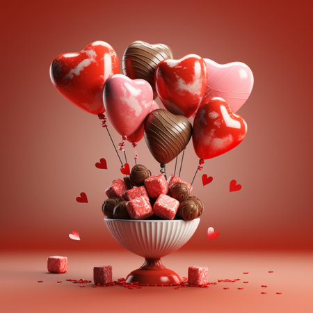 Valentine's day concept with heart shaped chocolate candies on red background with Generative AI.の素材